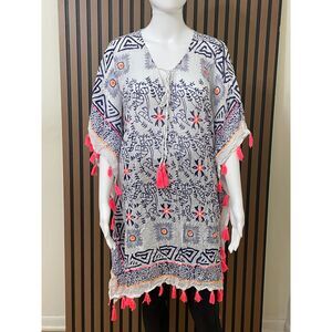 Saks Fifth Avenue Women's L White Coverup Cotton Poncho Tassel Beach Pool Boxy